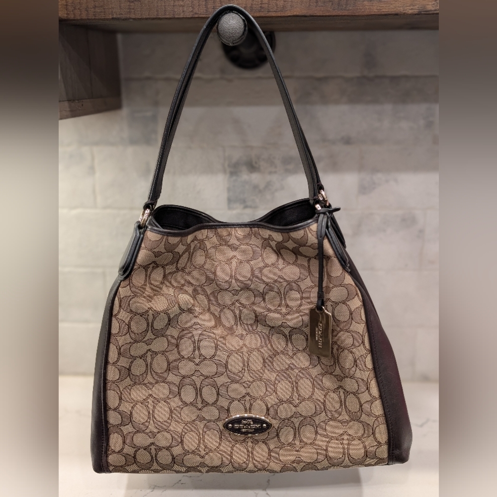 Coach Signature Edie Shoulder Bag w/Dust Bag - EUC - Brown/Tan 13.75x10 Inches